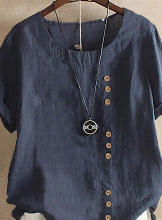 EMERY ROSE Women's Solid Color Round Neck Short Sleeve Button Design Casual Shirt