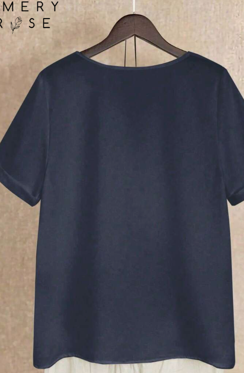 EMERY ROSE Women's Solid Color Round Neck Short Sleeve Button Design Casual Shirt