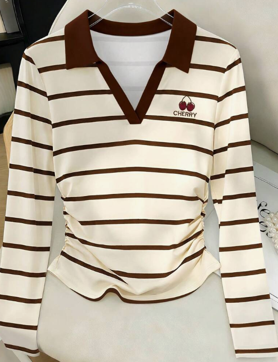 Resyla Cherry Striped High-Neck Long-Sleeve Shirred Slim Top, Fashionable T-Shirt, Stylish T-Shirt, Suitable As A Gift For Brothers And Sisters, Suitable As A Gift For Sisters, Suitable As A Gift For Mom, Mother's Day Gift, Casual Fashion Top.