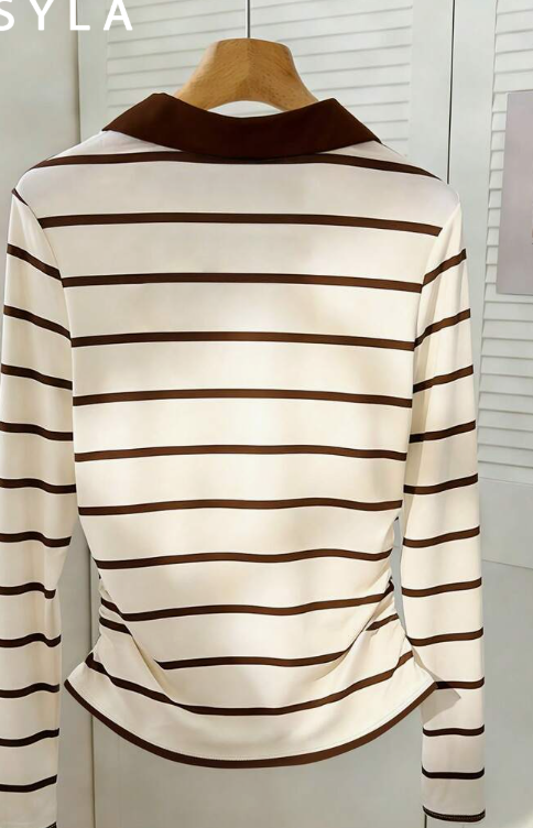 Resyla Cherry Striped High-Neck Long-Sleeve Shirred Slim Top, Fashionable T-Shirt, Stylish T-Shirt, Suitable As A Gift For Brothers And Sisters, Suitable As A Gift For Sisters, Suitable As A Gift For Mom, Mother's Day Gift, Casual Fashion Top.