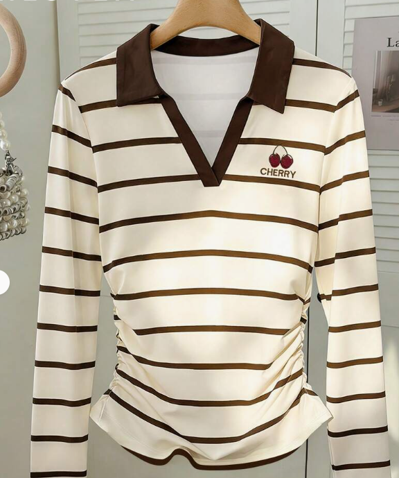 Resyla Cherry Striped High-Neck Long-Sleeve Shirred Slim Top, Fashionable T-Shirt, Stylish T-Shirt, Suitable As A Gift For Brothers And Sisters, Suitable As A Gift For Sisters, Suitable As A Gift For Mom, Mother's Day Gift, Casual Fashion Top.
