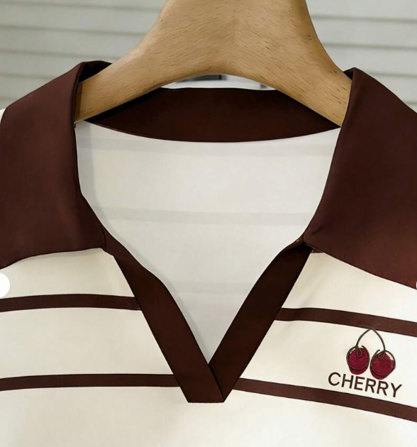 Resyla Cherry Striped High-Neck Long-Sleeve Shirred Slim Top, Fashionable T-Shirt, Stylish T-Shirt, Suitable As A Gift For Brothers And Sisters, Suitable As A Gift For Sisters, Suitable As A Gift For Mom, Mother's Day Gift, Casual Fashion Top.